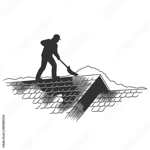 Person shoveling snow off a roof in winter silhouette  