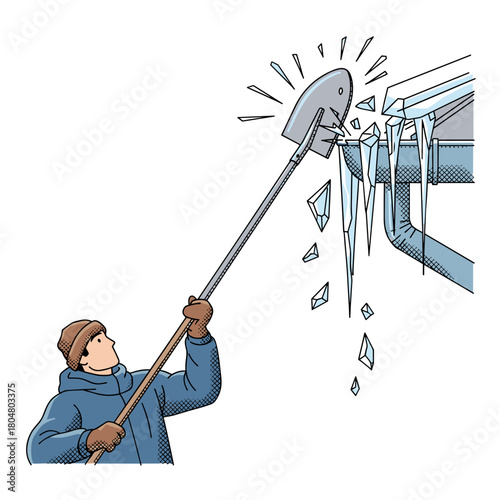 Person knocking icicles from gutter using long shovel in winter  