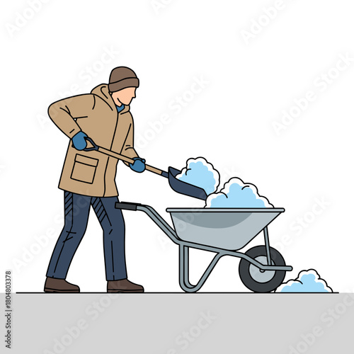Man shoveling snow into a wheelbarrow during winter chores  