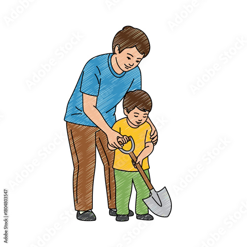 Man teaching child how to hold a small shovel for winter chores  