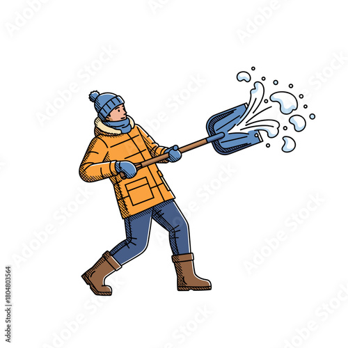 Person shoveling snow in winter outfit while clearing snow outdoors  