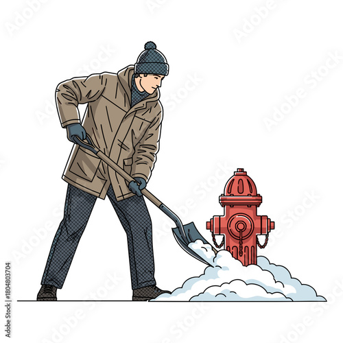 Man shoveling snow around a fire hydrant in winter scene  