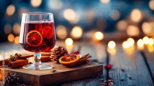 Glass of mulled wine with cinnamon sticks and dried orange slices on wooden board with pine cones and warm bokeh lights background for cozy winter holiday drink concept
