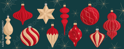 Collection of retro-style red and gold Christmas ornaments. For gift cards and seasonal design.