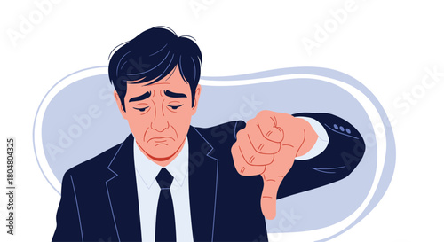 Sad businessman in a suit gives a thumbs down gesture with a disappointed expression.