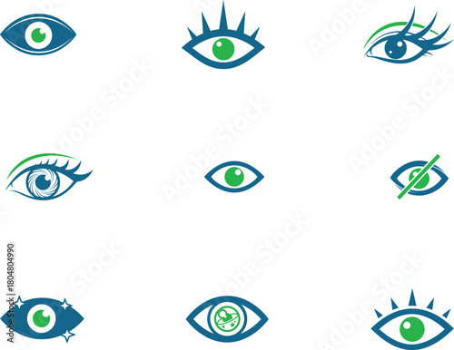 Collection of eye icons with unique designs representing vision and perception in different artistic styles
