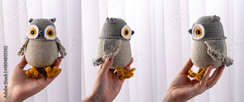 Handmade crocheted owl toys, amigurumi. Handmade soft bird toys.