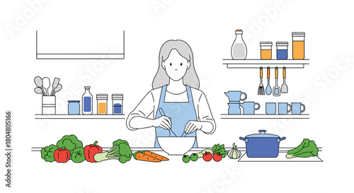 Woman in apron mixing ingredients in a bowl while preparing food in a kitchen with fresh vegetables.