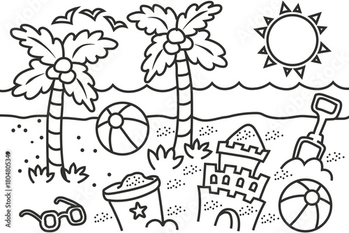 A tropical beach scene with palm trees a sun sand and beach toys is depicted