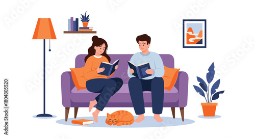 Couple reading books together on a sofa in a cozy living room with a cat sleeping nearby.