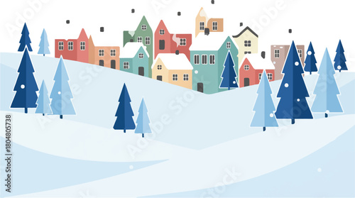 cozy winter village flat vector, colorful houses, smoke from chimneys, snow-covered roofs, white background