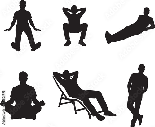Casual Man Relaxing Sitting Lying Down Silhouette Vector Set