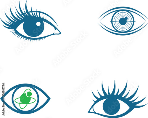 Collection of stylized eye illustrations for ophthalmology and vision themes featuring artistic designs and a scientific eye for various creative applications