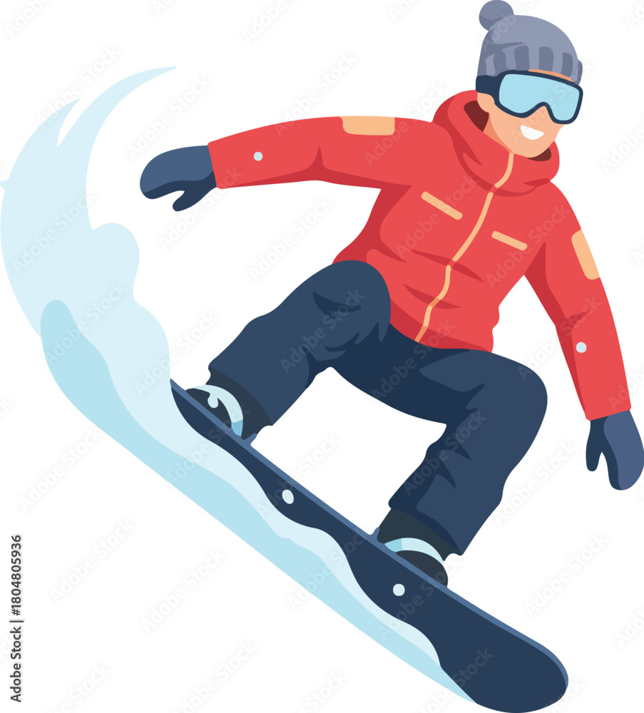 Obraz premium Winter sports snowboarder flat vector, dynamic pose, winter clothing, snow trail, white background
