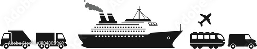 Transport silhouette icons, cargo truck, cruise ship, airplane, passenger bus, delivery van, black and white logistics vector, travel vehicle graphic