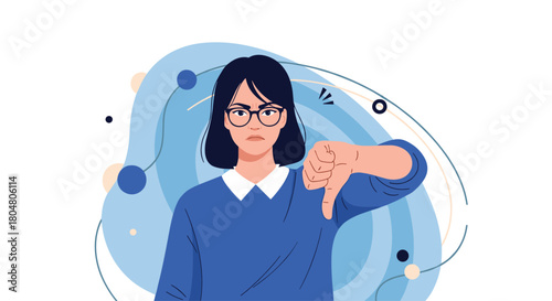 Young woman with glasses giving a thumbs down gesture and looking displeased.