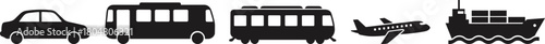 Transportation icon set, black silhouette vector, car, bus, tram, airplane, cargo ship, travel symbol, logistics design, mobility concept