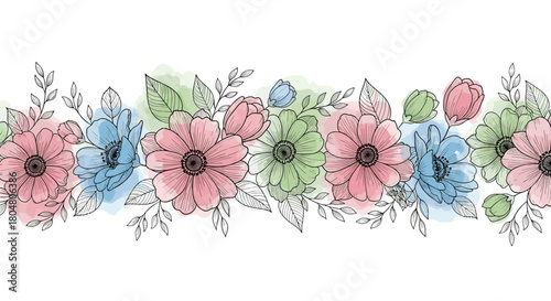 Seamless border of delicate hand-drawn flowers with watercolor splashes in pink, blue, and green.