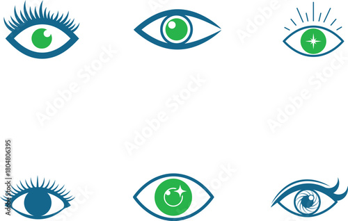 Eye Icon Set with Eyelashes and Lens Symbols a Collection of Vision Related Vector Illustrations with a Focus on Eye Care and Design