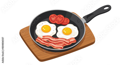 A sizzling breakfast of fried eggs, bacon strips, and sliced tomatoes in a frying pan on a wooden board.