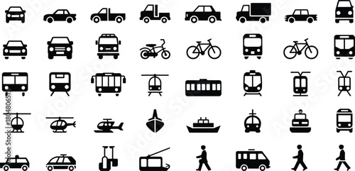 Transportation icon set, black silhouette vector, cars, bikes, boats, helicopters, airplanes, trains, pedestrians, travel symbols, urban mobility design