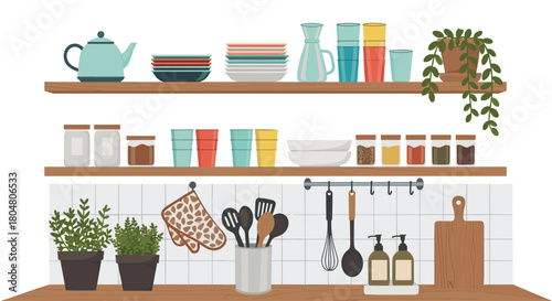 Kitchen shelves filled with cookware, dishes, plants, and jars are neatly organized.
