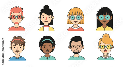 Diverse group of eight cartoon avatars with different hairstyles and glasses.