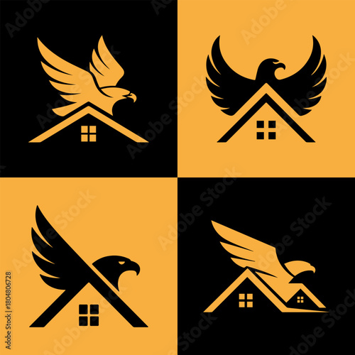 Collection of four stylized eagle and house logos representing real estate and security concepts