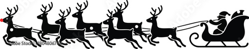 Santa sleigh silhouette flat vector, reindeer shapes, clean modern style, white background