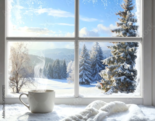 Cozy winter view from a snowy window.