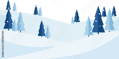 flat winter snowy landscape vector, minimalist hills, pine trees, soft blue tones, falling snow, clean white background.