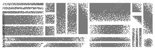 Set of geometric shapes with decay effect. Pixel pattern backgrounds. Abstract mosaic scattered cubes. Matrix textured backdrop.