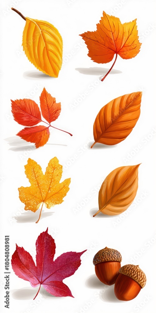 Fototapeta premium Colorful Autumn Leaves and Acorns Collection for Seasonal Use