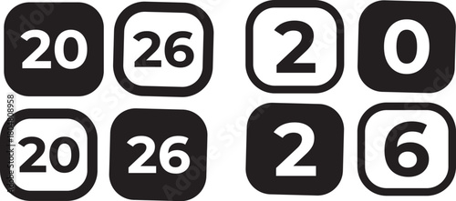 A collection of four bold black and white square icons displaying the digits "20" and "26", representing the year 2026 in a clean, modern, digital style