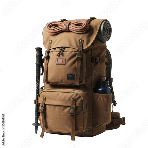 Vintage Style Backpack With Trekking Pole Water Bottle And Rolled Sleeping Pad Attached For Outdoor Adventures