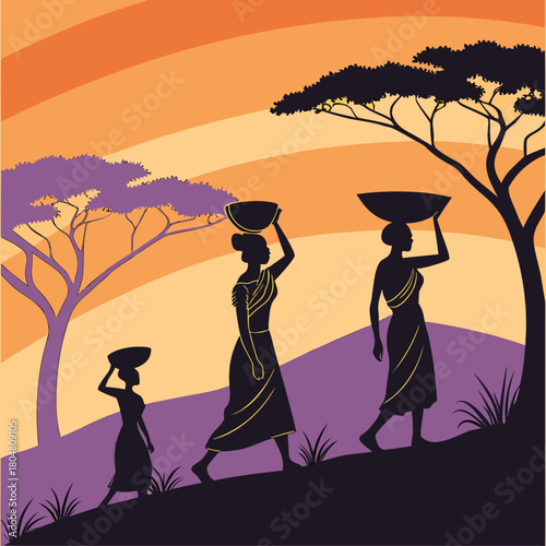 Vector illustration of African women silhouettes at sunset with traditional pots and bowls. Tribal culture and ethnic lifestyle artwork