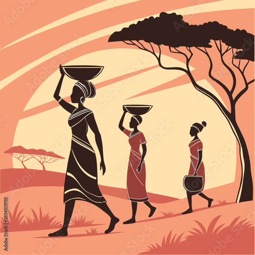 Vector illustration of African women silhouettes at sunset with traditional pots and bowls. Tribal culture and ethnic lifestyle artwork