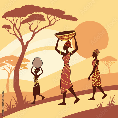 Vector illustration of African women silhouettes at sunset with traditional pots and bowls. Tribal culture and ethnic lifestyle artwork