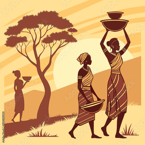Vector illustration of African women silhouettes at sunset with traditional pots and bowls. Tribal culture and ethnic lifestyle artwork