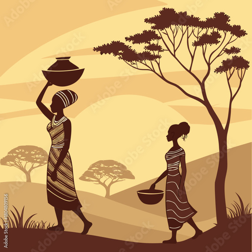 Vector illustration of African women silhouettes at sunset with traditional pots and bowls. Tribal culture and ethnic lifestyle artwork