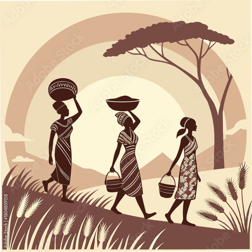Vector illustration of African women silhouettes at sunset with traditional pots and bowls. Tribal culture and ethnic lifestyle artwork