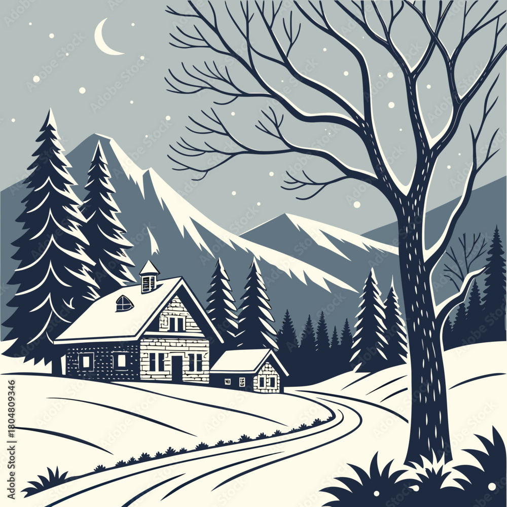 Fototapeta premium Winter season night landscape with village under the snow in the first plan, mountains and forest in the background. Hand drawn vector illustration. Can be used for christmas gifts, decorations.