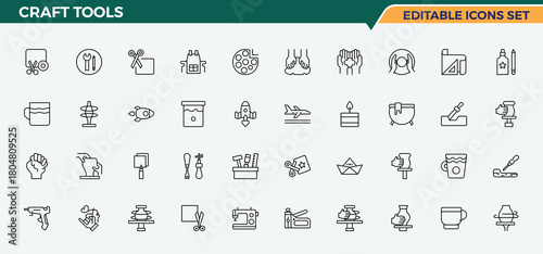 Craft Tools line icon set. Related to carpenter, handyman, wood craft, tool, craft, carpenter tools, repair and more. Craft icon set. Icons for application. Pixel perfect. Editable vector.