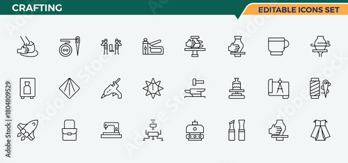 Crafting icon set in linear style. Pack of tool, handyman, tools, repair, carpenter, craft and more. Craft icon set. Minimalist linear icons. Pixel perfect. Editable stroke.
