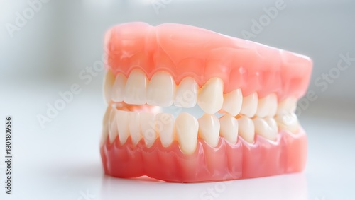 Close-up of realistic full dentures featuring artificial teeth and healthy gums. Ideal for dentistry, dental care, prosthetics, oral health concepts, clinical treatments, and professional medical.