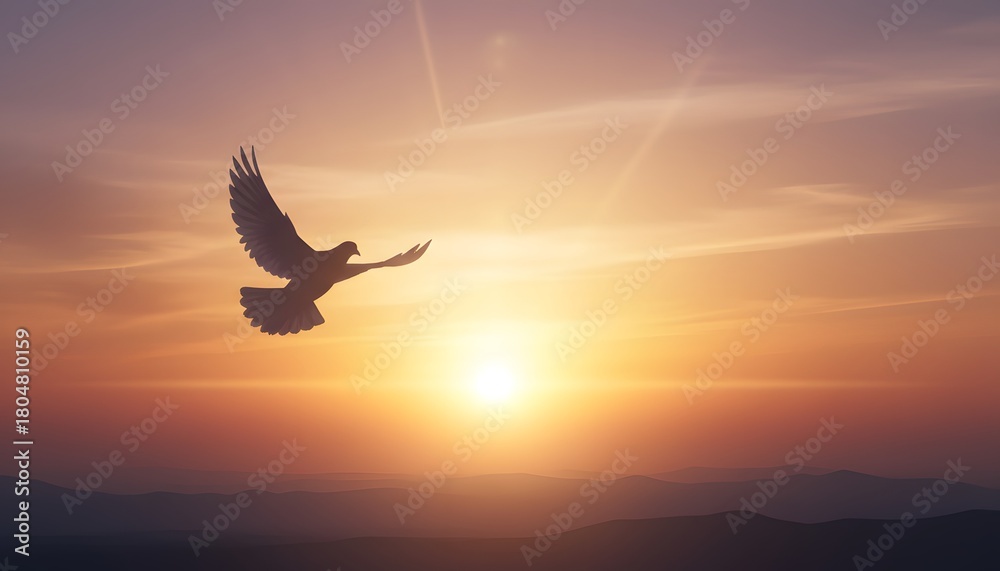 Naklejka premium A graceful dove silhouette gliding across a warm golden sky, symbolizing peace, hope and calm moments. A timeless visual for awareness campaigns, spiritual themes and global harmony messages.