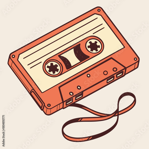 Groovy retro cassette tape in cartoon graphic style with funky orange and vintage audio detail. Music nostalgia and y2k vibe blend as a playful groovy element for stylish fun creative projects