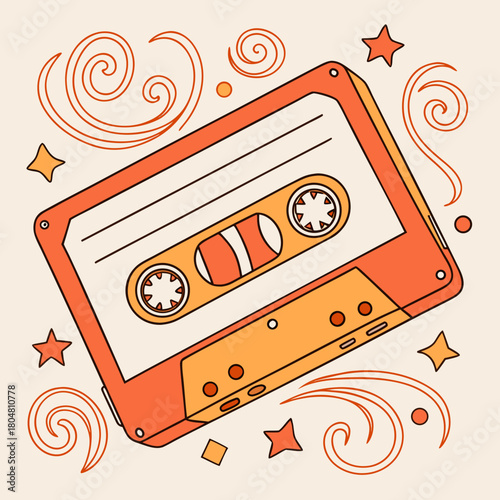 Groovy retro cassette tape in cartoon graphic style with funky orange and vintage audio detail. Music nostalgia and y2k vibe blend as a playful groovy element for stylish fun creative projects