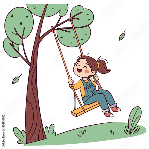 Happy little girl has fun on swing in recreation park. Cute kid sits, rides on hanged plank by rope on tree. Funny child in jumpsuit plays on playground. Flat isolated vector illustration on white