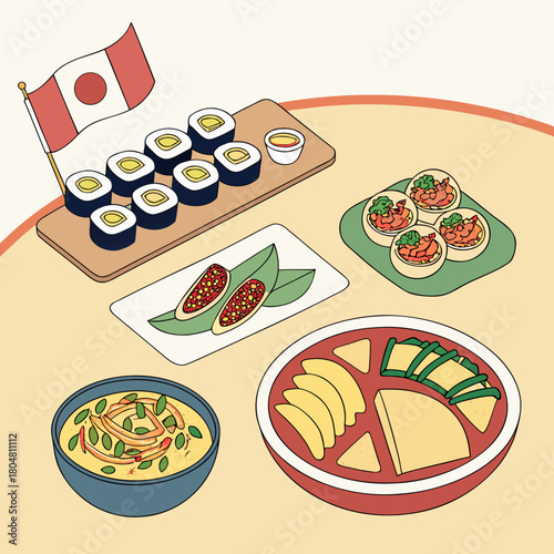 A diverse array of global foods artfully arranged on a spacious table.